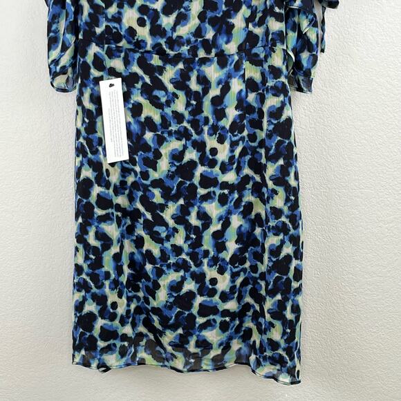 Topshop Frill Bardot Tie Off Shoulder Blue Leopard Animal Mini Dress 14 NWT - Picture 9 of 13
